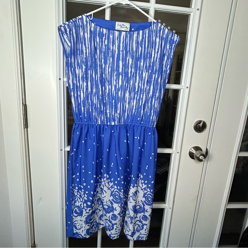 Vintage‎ 1980’s Blue and White Belted Day Dress, Small/Medium